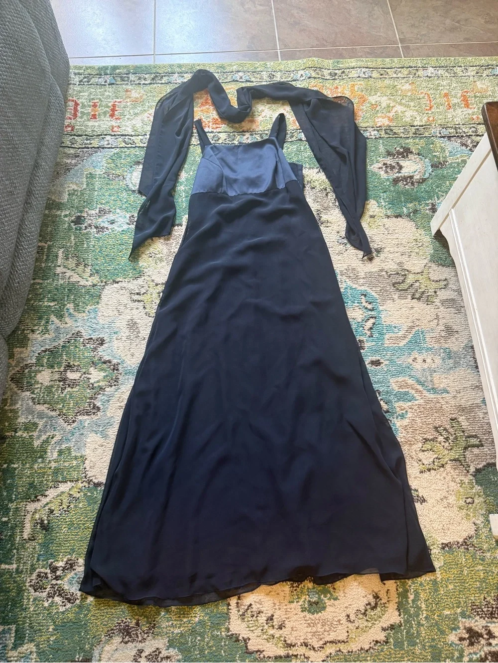 Vintage 90s Adrianna Papell Occasions Navy Satin & Sheer Evening Gown Neck Scarf